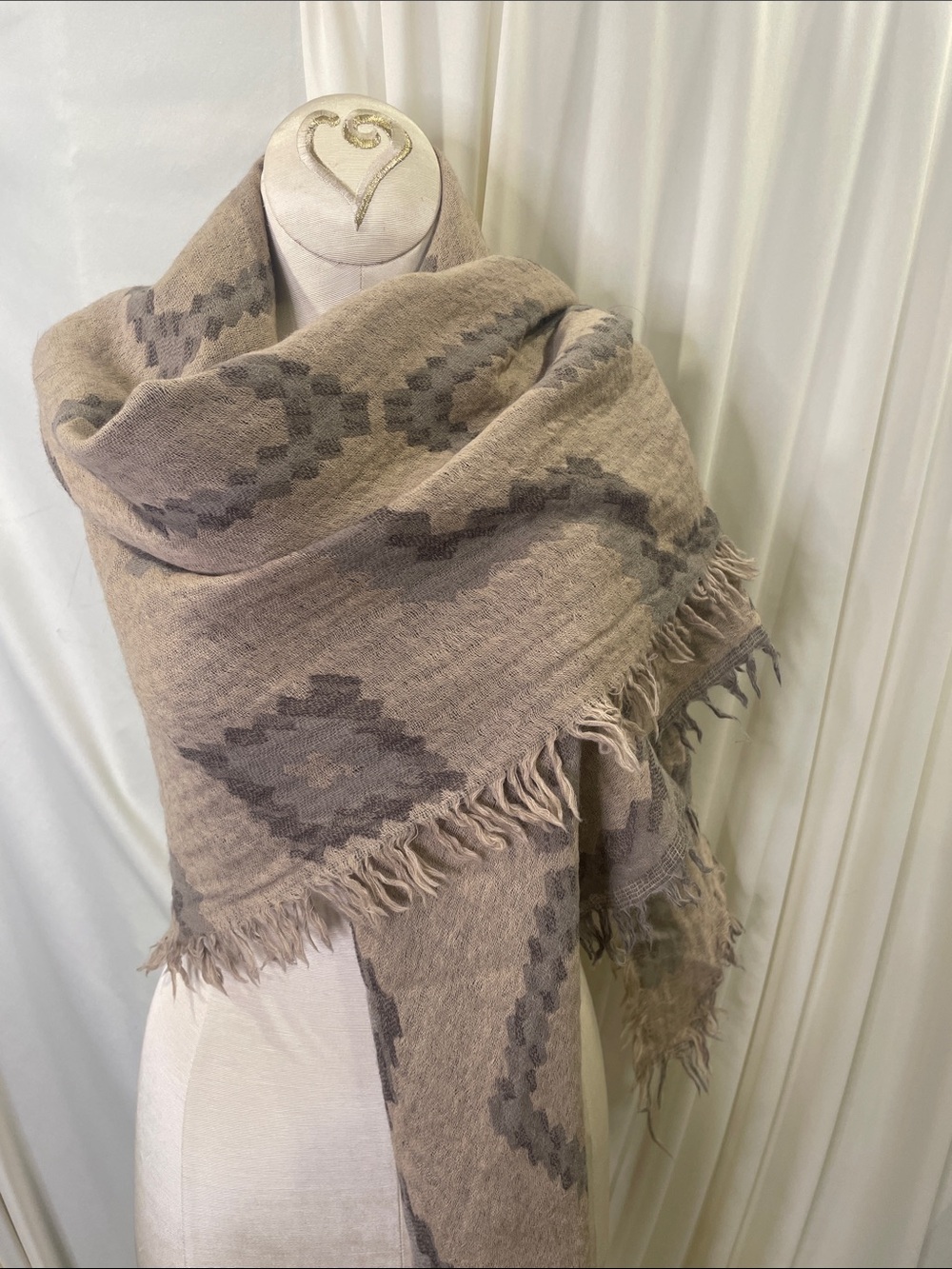 Wilfred Taupe Fringe-Trim Geometric Open Wrap